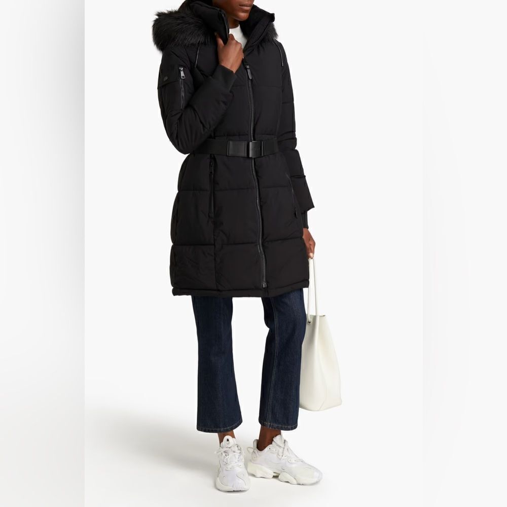 DKNY quilted belted shell hooded coat size Small